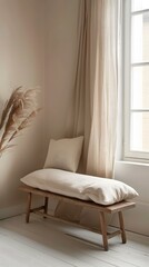 White Linen Cushioned Wooden Bench Near Window