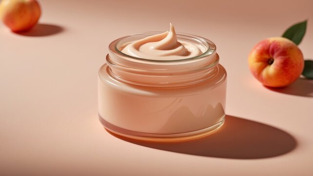 Luxurious Skin Cream Jar Positioned on a Soft Peach Surface With a Gentle Swirl.