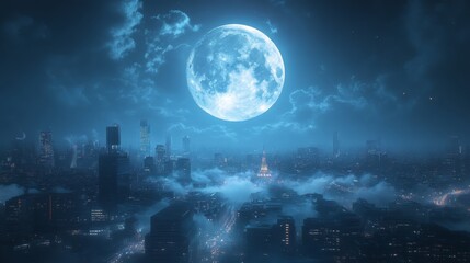 Mystic Full Moon Over Cityscape