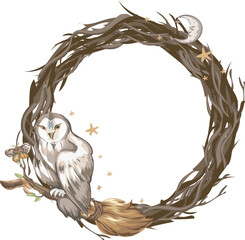 Halloween wreath with cartoon owl illustration on transparent background.
