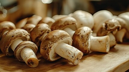A detailed view of mushrooms arranged on a wooden cutting board, ready to be cooked, with their surfaces and textures clearly visible. -