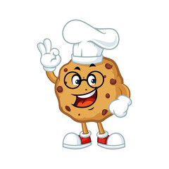 Smiling cartoon chocolate chip cookie mascot wearing chef hat and glasses, giving okay sign.