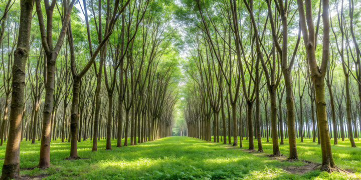 A row of rubber plantation trees that appear to be in order