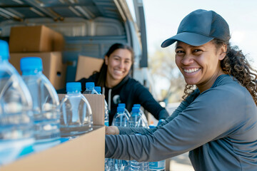 Smiling of volunteers packing water bottles into cardboard boxes outside truck