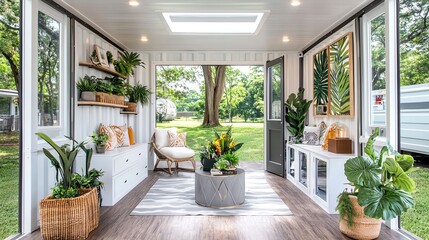 Stylish interior of a modern garden room with plants and cozy seating, perfect for relaxation and inspiring creativity.