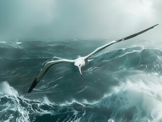 
An elegant Albatross soaring gracefully above a rugged, wind-swept ocean, with its expansive wings fully outstretched. The image should highlight the bird&rsquo;s majestic wingspan and the vast, turbulent 