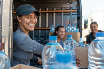 Cheerful volunteers distributing water bottles during a community aid event