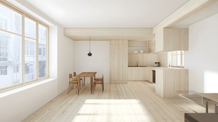Fototapeta premium Minimalist Wooden Kitchen Interior Design With Dining Table And Chairs