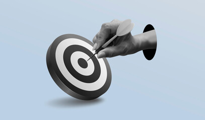 Holding a dart aiming at the target - business targeting 3d illustration, aiming, focus concept....