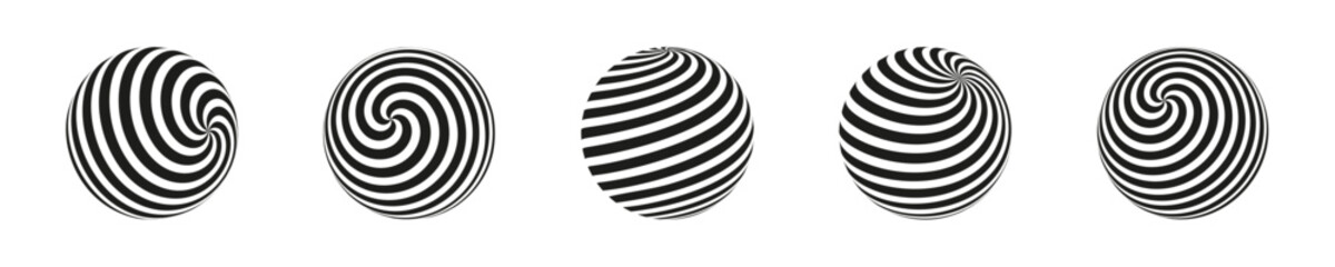 Set of isolated spheres with black lines with different slopes. Halftone balls, abstract 3D shape, spherical vector balls.