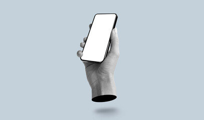 Hand holding phone with empty screen in hand on grey background. Art collage digital pop modern art.