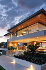 Fototapeta premium Modern Luxury Home with Stone and Wood Exterior