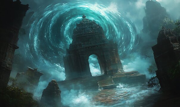 Ancient Temple Gateway with Swirling Water Vortex - Powered by Adobe