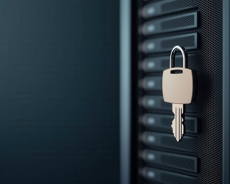 A secure server with a padlock and key, symbolizing data protection and cybersecurity for modern digital storage solutions.