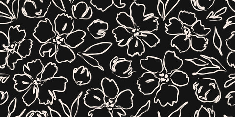 Flower seamless background. Abstract hand drawn lines floral pattern. Modern print in black and white. Ideal for textile design, fabric printing, wallpaper, decoration, cards, and posters.