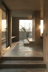 Modern Minimalist Concrete Interior Design With Large Windows