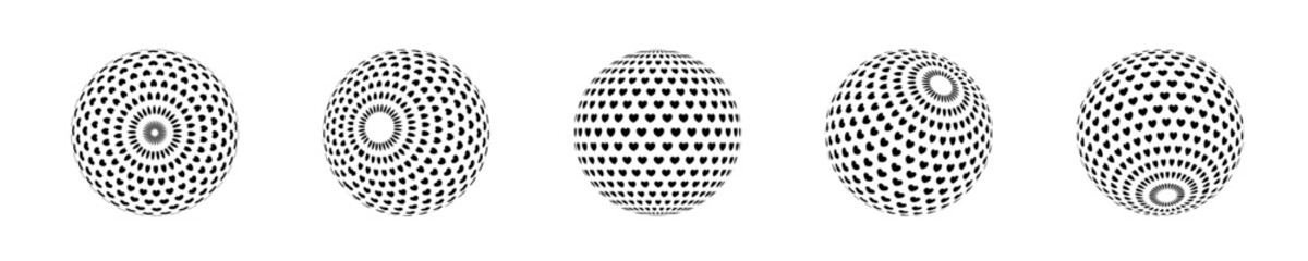 Set of isolated spheres with black hearts with different tilt. Halftone balls, abstract 3D shape, spherical vector balls.