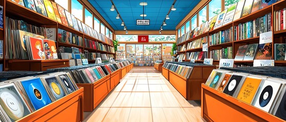A vibrant interior of a music store showcasing colorful vinyl records and shelves filled with various music genres.
