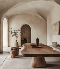 Minimalist Interior Design with Arched Ceilings and Wooden Table
