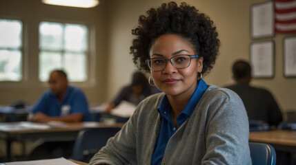 Obraz premium Professional woman of color wearing glasses and working in a classroom setting with other students