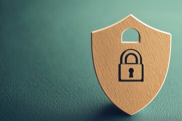 Wooden shield with a lock symbol representing security and protection in digital and physical environments.