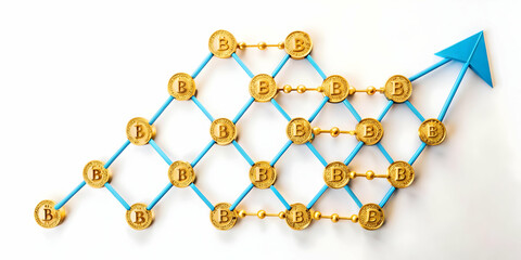 Flat Vector Illustration of Blockchain Nodes & Investment Arrow - Transformative Impact of Blockchain on Financial Growth Concept, Isolated on White Background. Smart Business Tone.