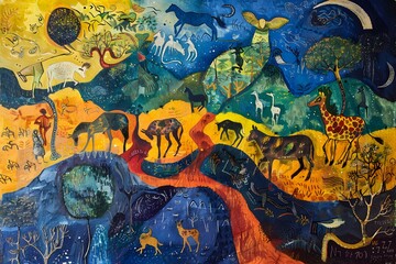 Abstract Watercolor Painting of Animals in a Landscape
