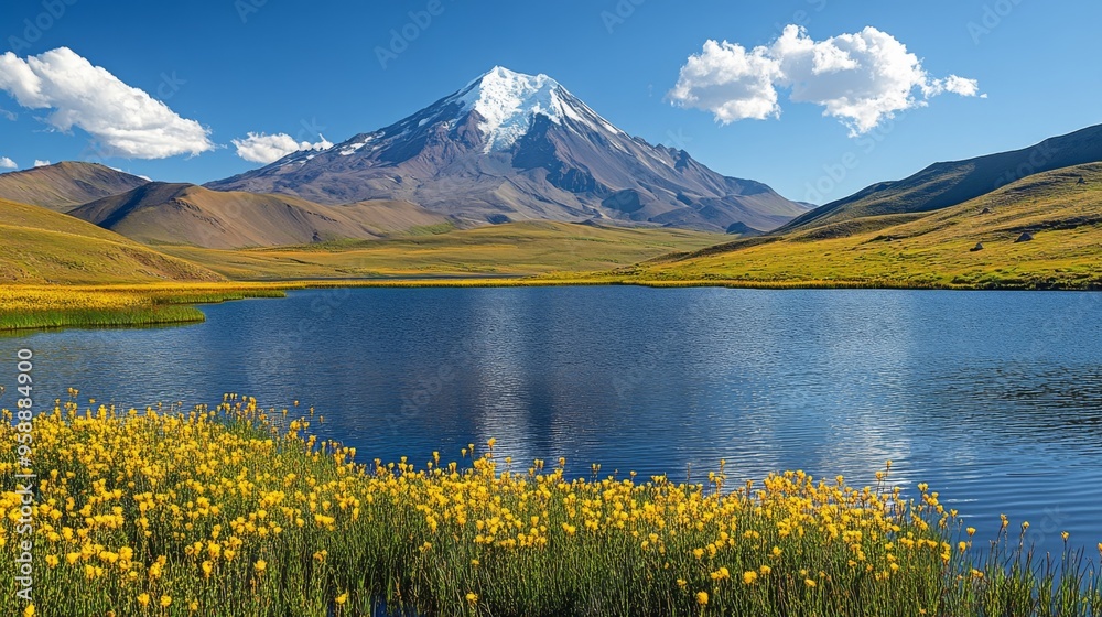 Poster mountainous landscape with lake and flowers