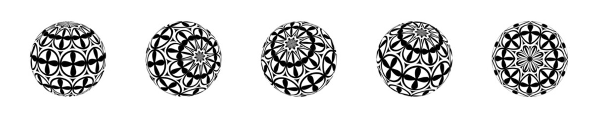 Set of isolated spheres with black pattern with different tilt. Volumetric balls, abstract 3D shape, spherical vector balls.