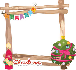 Christmas wooden frame with christmas tree illustration on transparent background.
