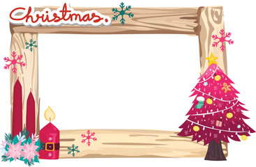 Christmas wooden frame with christmas tree illustration on transparent background.

