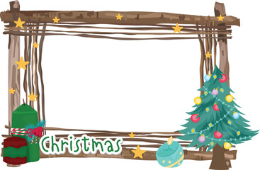 Christmas frame with christmas tree illustration on transparent background.
