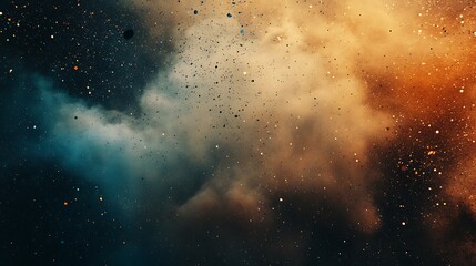 Obraz premium A dark background with a mix of blue and orange clouds, speckled with small flecks of color.