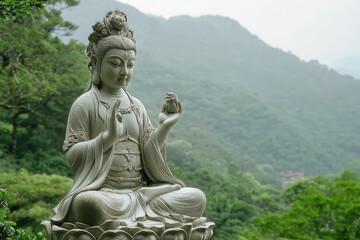 Obraz premium Guanyin, the Goddess of Mercy, sits serenely amidst lush greenery, her gaze fixed on a distant horizon, radiating peace and tranquility.