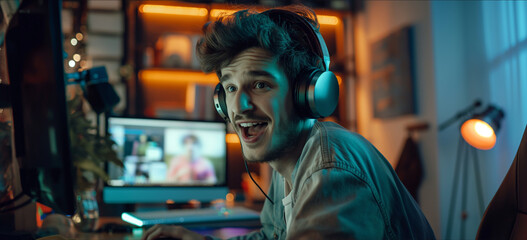 Fototapeta premium Young man student studying at home using computer and headphone. 