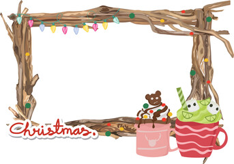 Christmas wooden frame with hot drink illustration on transparent background.
