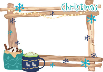 Christmas frame with hot drink illustration on transparent background.
