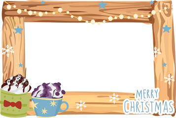 Christmas frame with hot drink illustration on transparent background.
