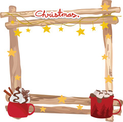 Christmas frame with hot drink illustration on transparent background.
