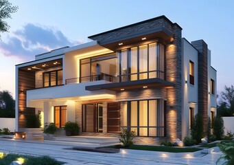 Fototapeta premium Modern Two Story House Design With Stone Wall And Large Windows