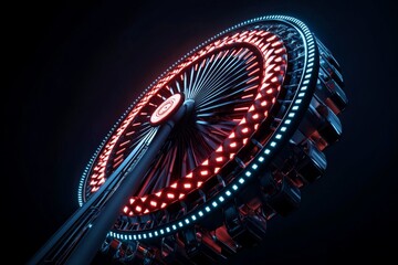 Ferris wheel, lit up at night, glowing circles spin against the dark sky, creating a mesmerizing spectacle