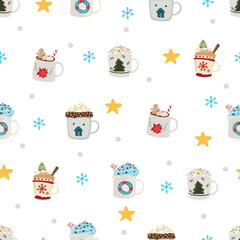 Christmas hot drink with white mug seamless pattern background.
