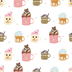 Christmas hot drink with pink mug seamless pattern background.
