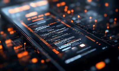 Closeup of a Smartphone Display with Code and Orange Lights