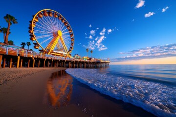 Obraz premium Ferris wheel, on a pier, ocean breeze adds a touch of coastal charm to the experience