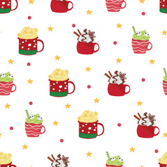 Christmas hot drink with red mug seamless pattern background.
