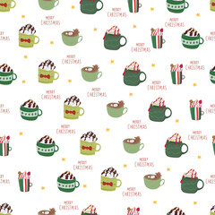 Christmas hot drink with green mug seamless pattern background.
