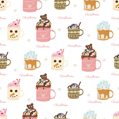 Christmas hot drink with pink mug seamless pattern background.
