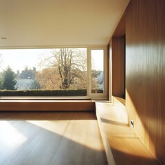 Modern Minimalist Interior Design With Wooden Paneling And Large Window