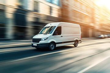 White modern delivery small shipment cargo courier van moving fast on motorway road to city